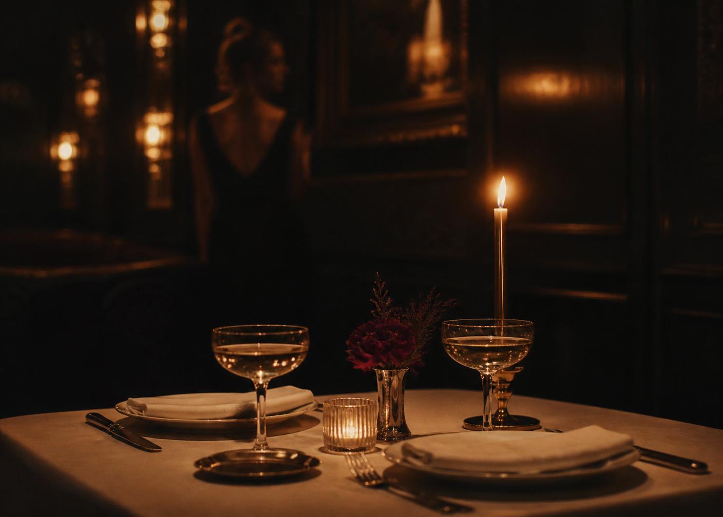 Mesa de jantar íntima à luz de velas num restaurante de luxo