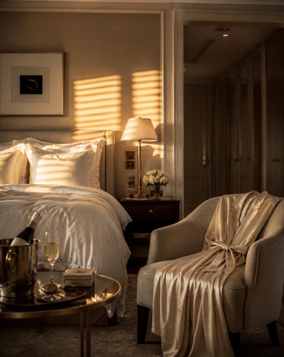 Suite de hotel de luxo em luz dourada com roupão de seda