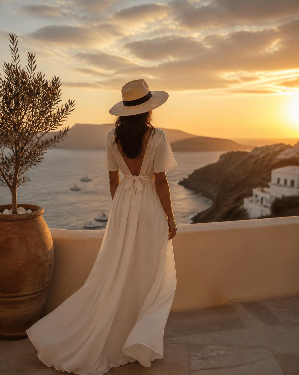 Silhueta feminina num terraço mediterrânico ao pôr do sol